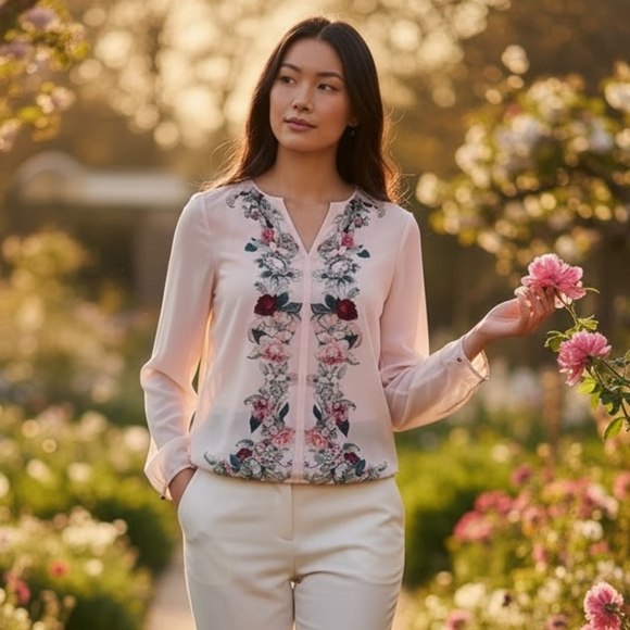 Ted Baker Women's Blouse Size 0 Floral Pink Chiffon Long Sleeve Top Chic - Picture 2 of 9